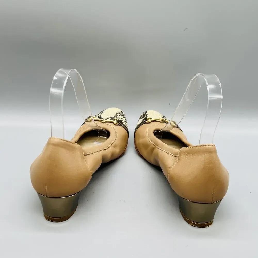 AGL Shoes Womens 10.5 Beige Leather Snake Cap Toe Gold Bit Flats Slip On Casual
